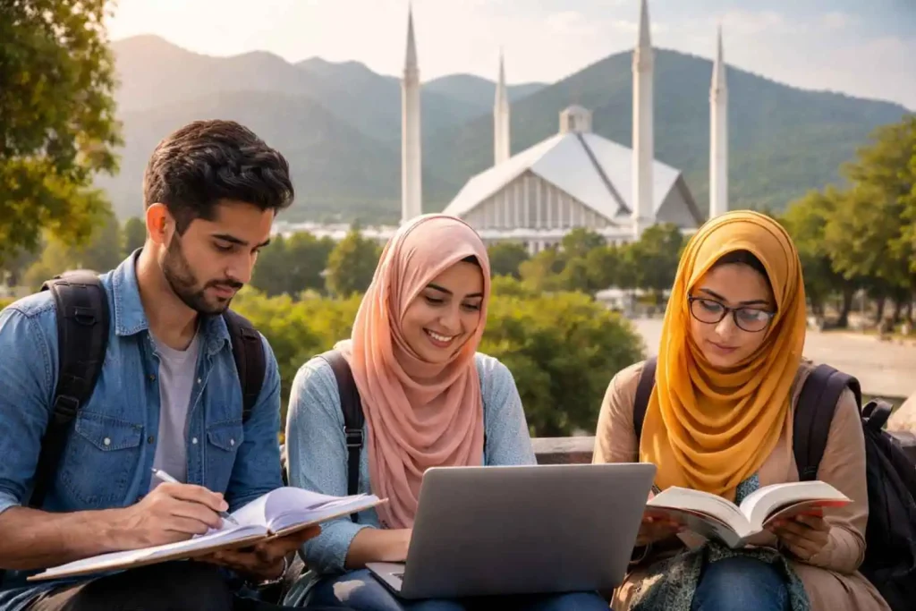 university students in Islamabad studying thesis with laptop and books near Faisal Mosque