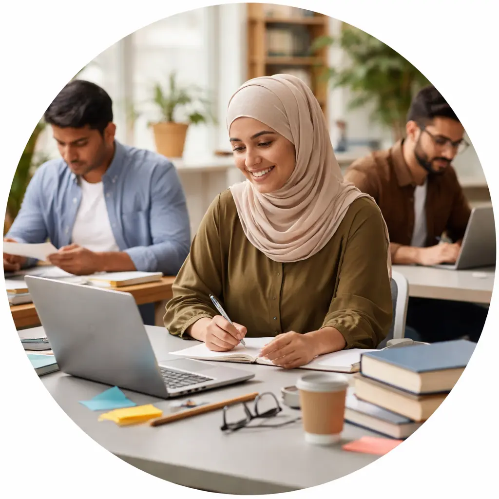 Student writing thesis at laptop with books in Karachi study environment