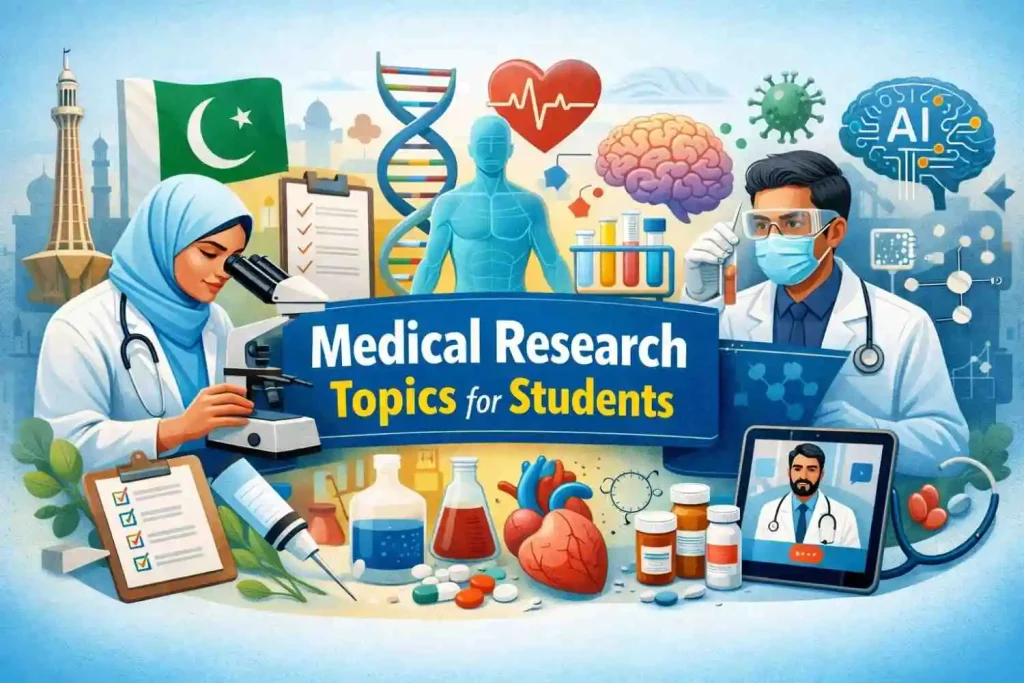 Medical research topics for students banner showing doctors, lab equipment, DNA, and healthcare research themes with a modern digital medical background.
