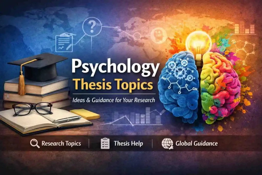 Psychology thesis topics banner with books, graduation cap, and brain illustration showing research ideas for students
