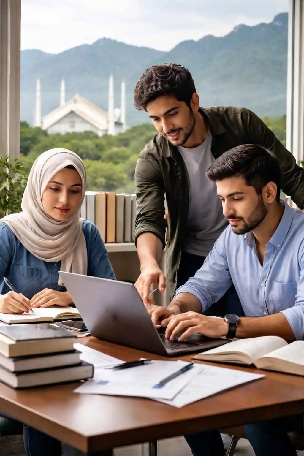 Islamabad university students working on thesis with laptop and books in study room