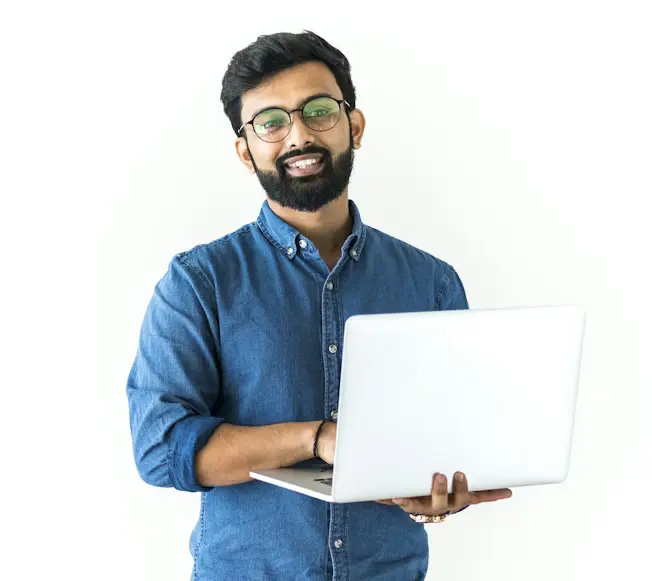 smiling male student holding laptop for thesis writing support