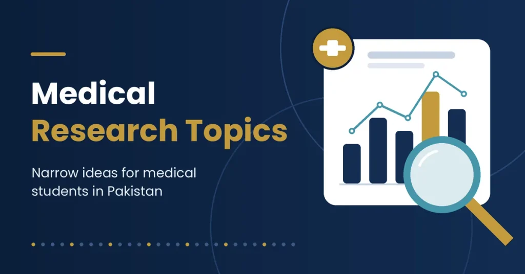Bar chart with a trend line, a medical cross badge and a magnifying glass beside the words Medical Research Topics on a navy background