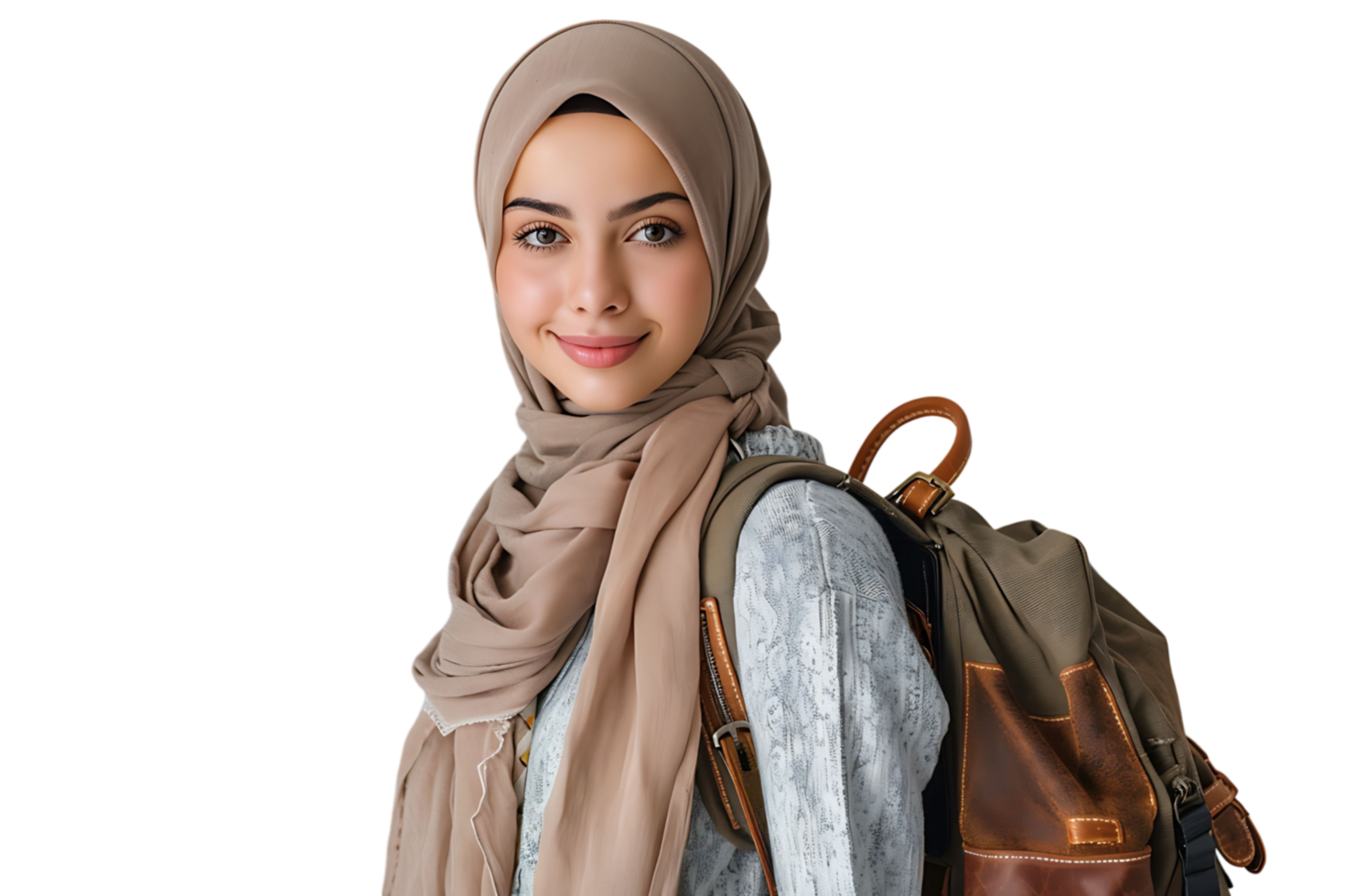 Pakistani university girl wearing hijab with backpack isolated on transparent background