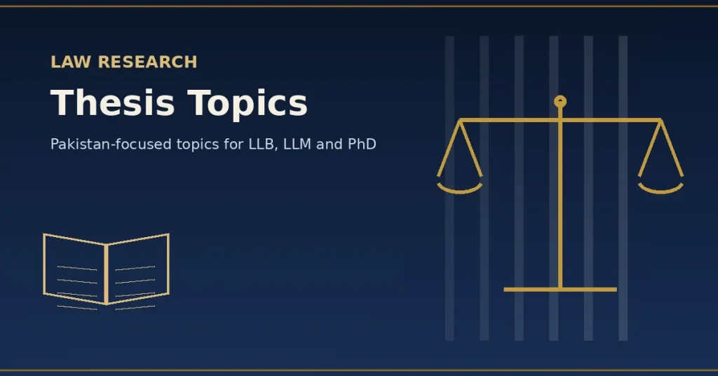 Scales of justice and an open book illustrated in gold line art on a navy background, with the text "Law Research: Thesis Topics"