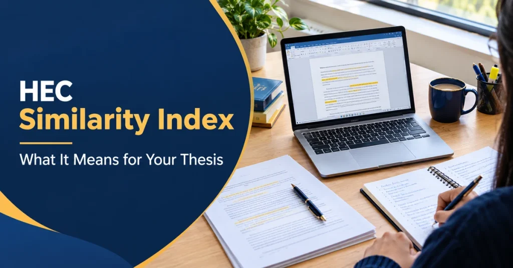 HEC similarity index guide: student reviewing a highlighted thesis draft on a laptop and printed pages at a desk