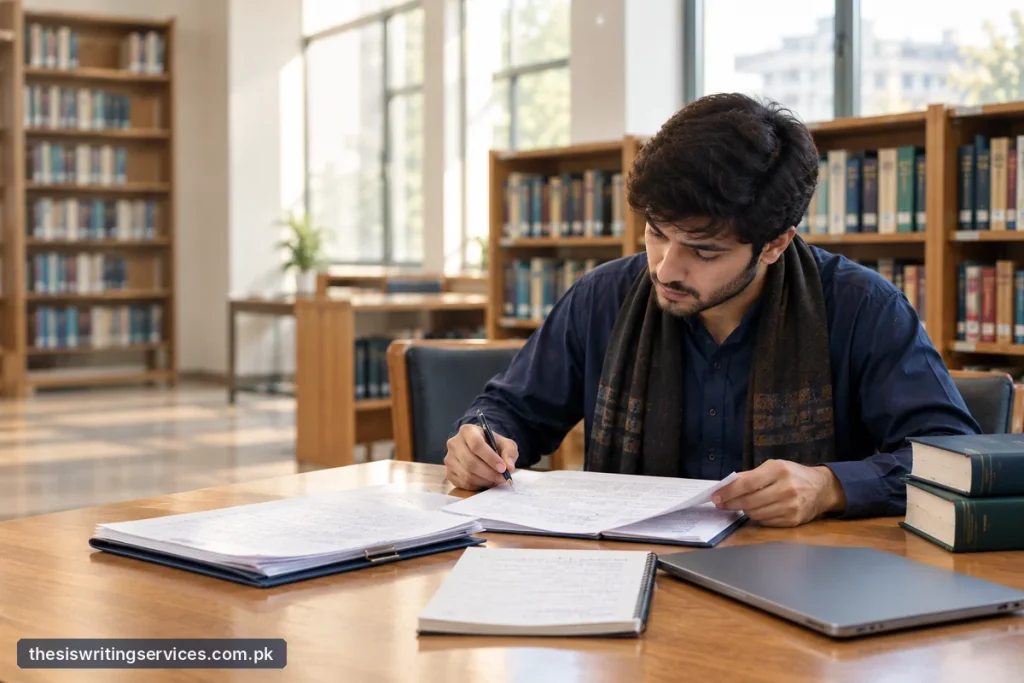 Student in a university library writing notes on a thesis draft, with a notebook, books and a closed laptop on the table