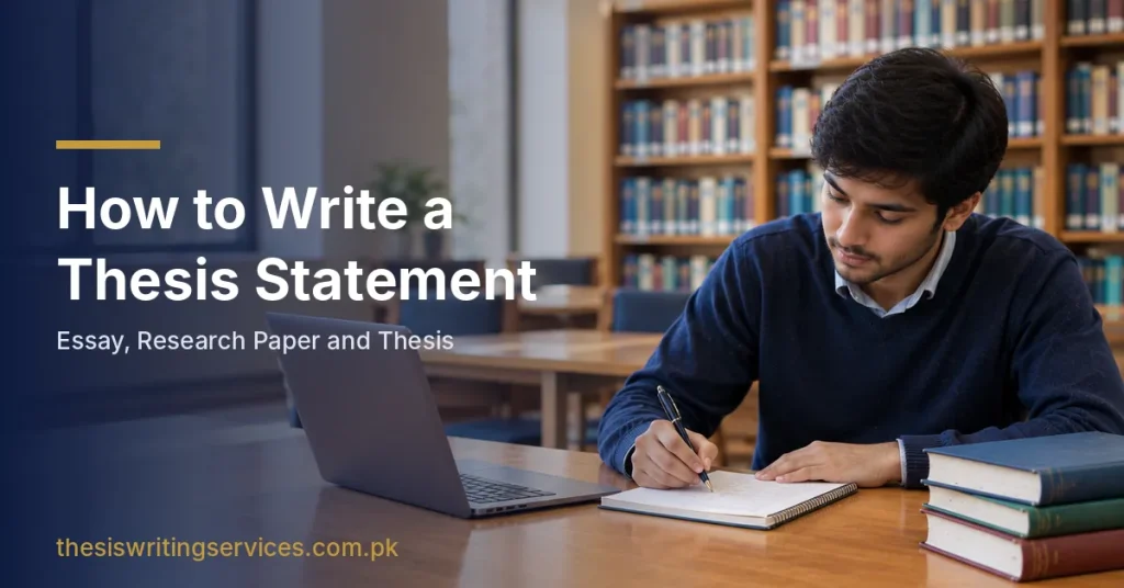 Pakistani university student writing a sentence by hand in a notebook beside a laptop and books in a library (AI-Generated)