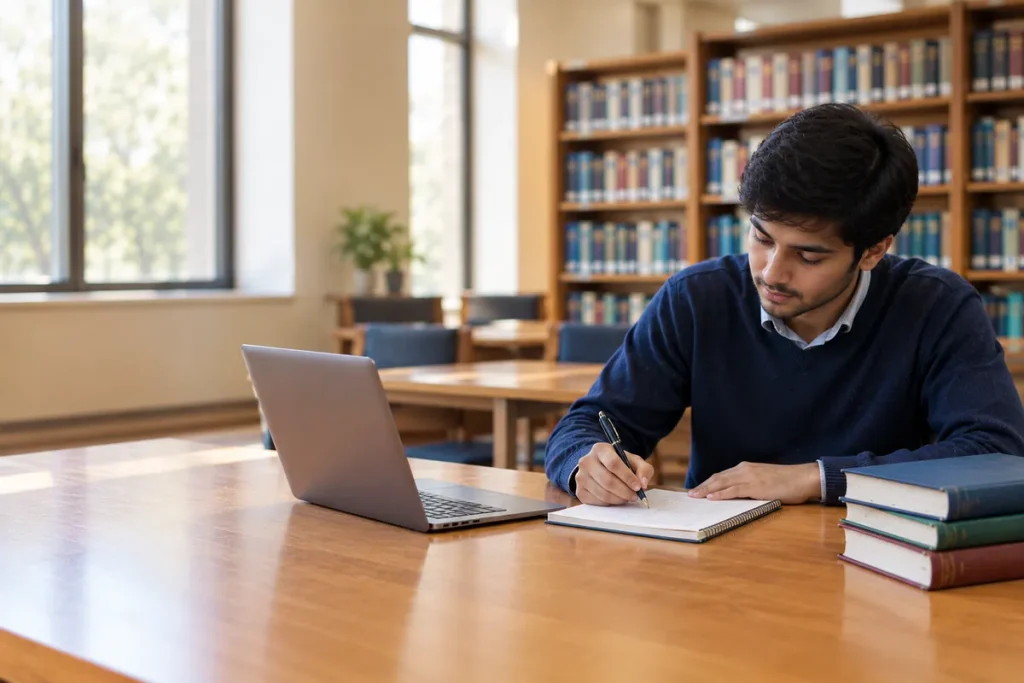 Student drafting a thesis statement by hand at a library table with a laptop and a stack of books (AI-Generated)