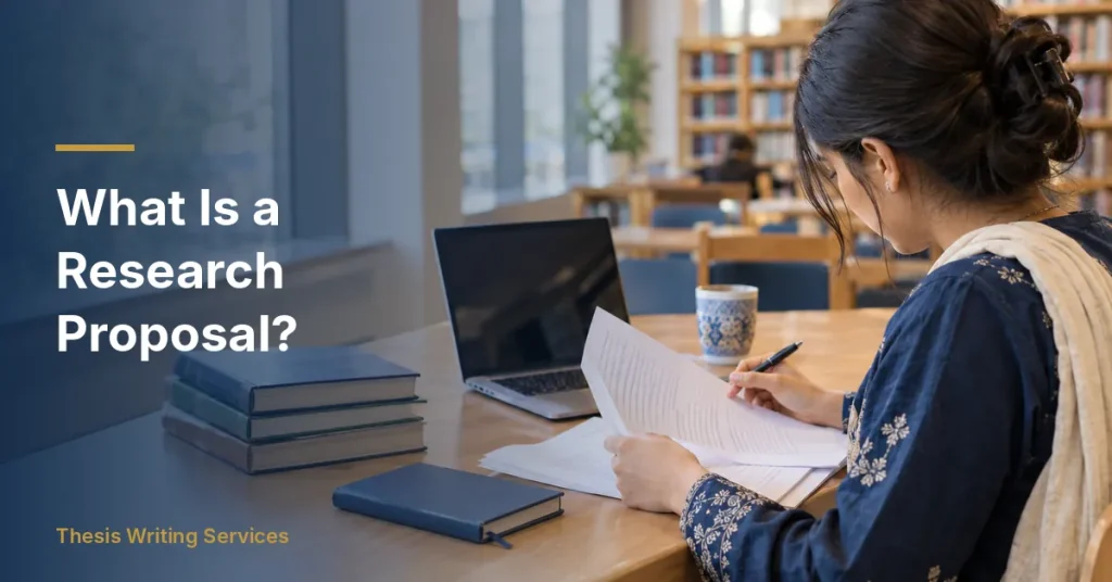 Postgraduate student reading a printed document at a library desk with a laptop and books