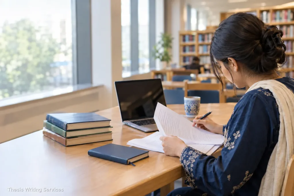 Student in a navy kurta reviewing printed pages at a wooden library table beside a laptop, notebook and stacked books