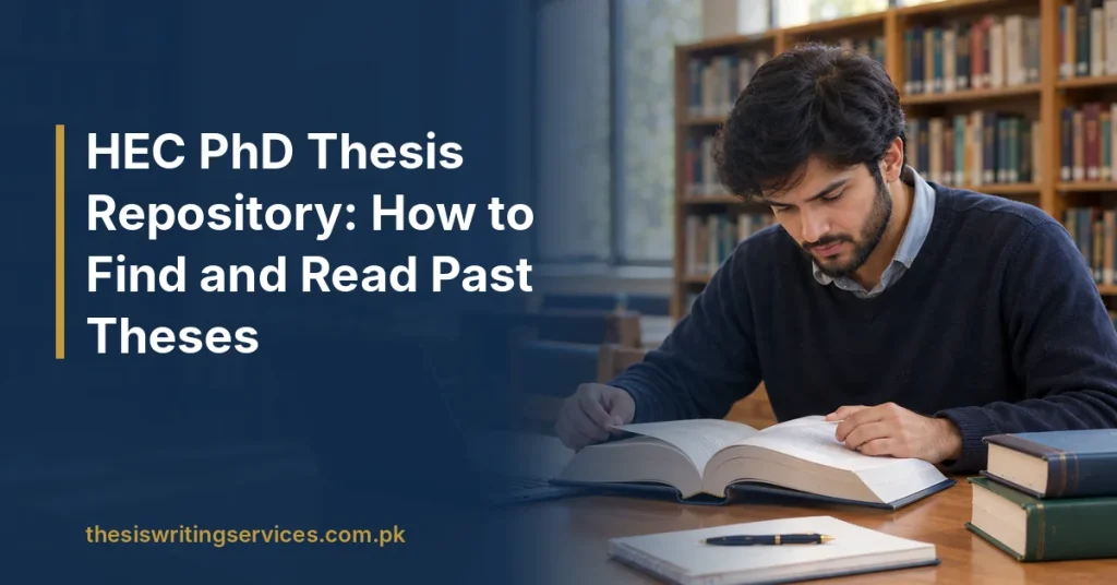 (AI-Generated) Student reading an open thesis in a university library with a laptop beside him