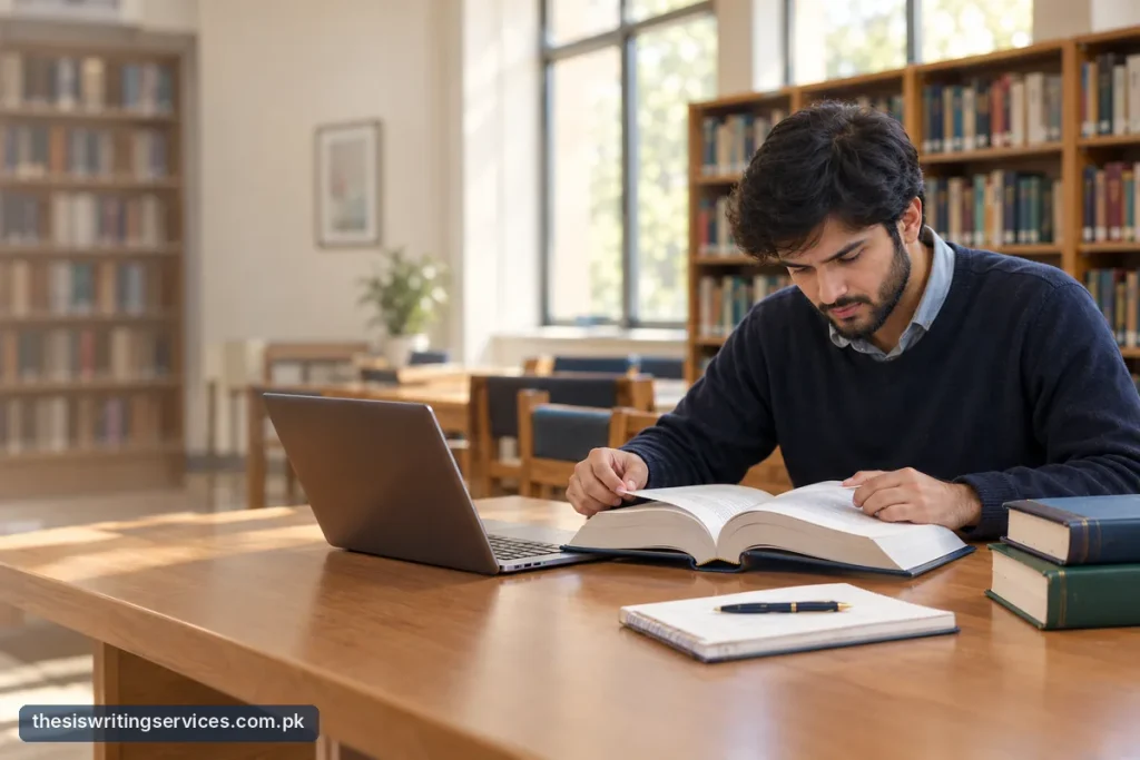 AI-Generated) Student reading an open thesis at a library desk with a laptop, notebook and pen