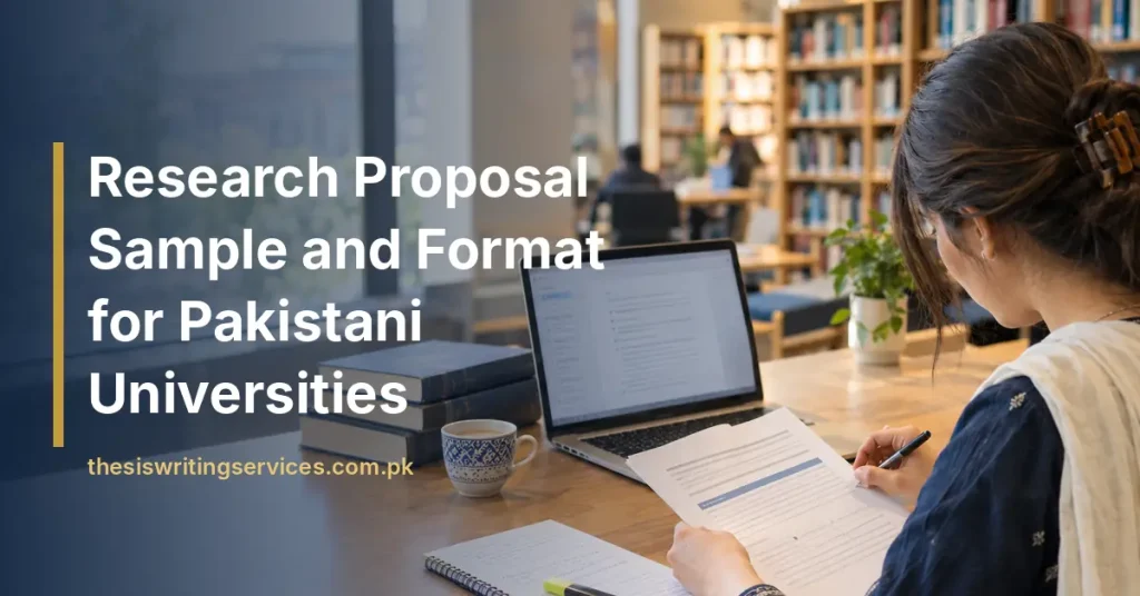 Student reviewing a printed research proposal draft at a library desk with a laptop, notebook and books