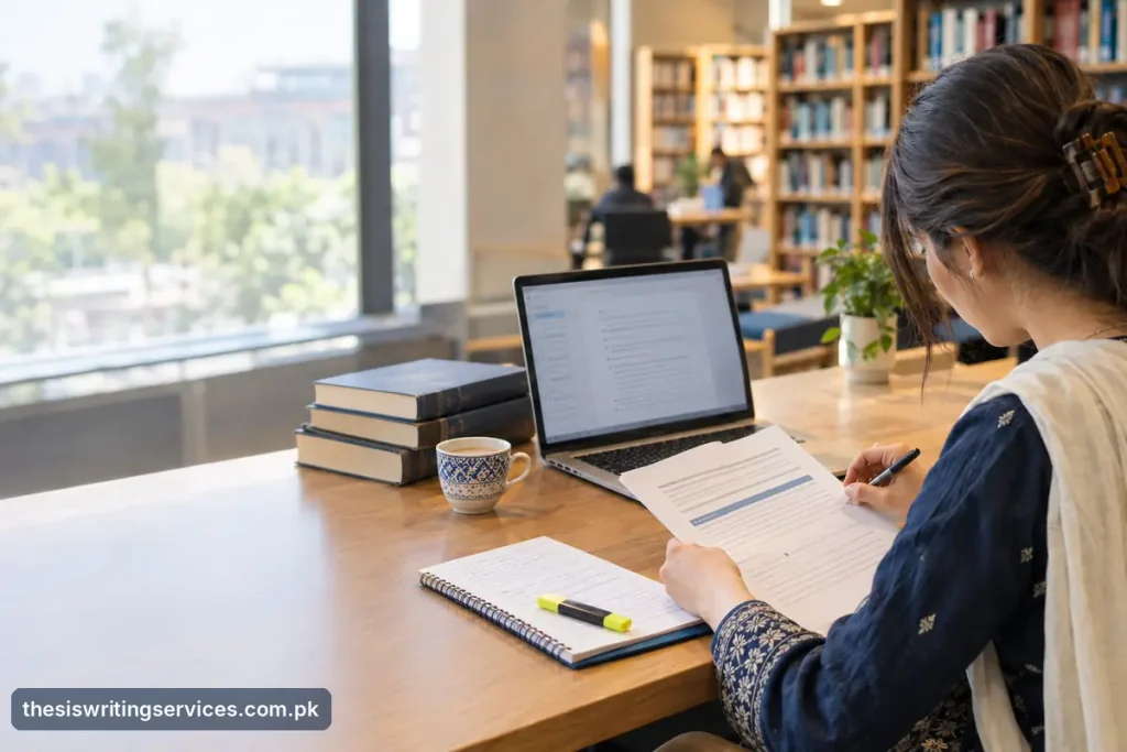 Postgraduate student marking a printed research proposal beside an open laptop and notebook in a university library