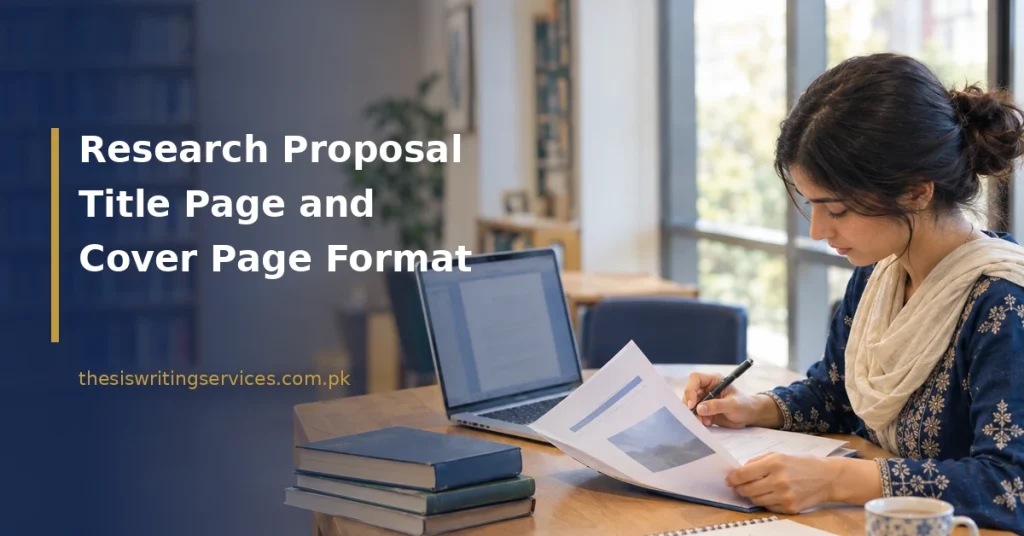 Student reviewing a printed proposal cover sheet at a library desk beside a laptop and books