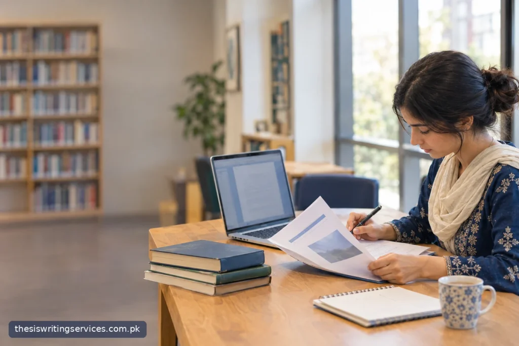 Student with a pen reviewing a printed cover sheet next to an open laptop and a stack of books
