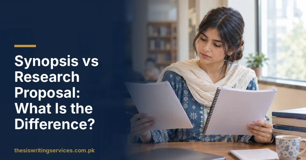 Pakistani postgraduate student in a university study room holding two printed documents side by side