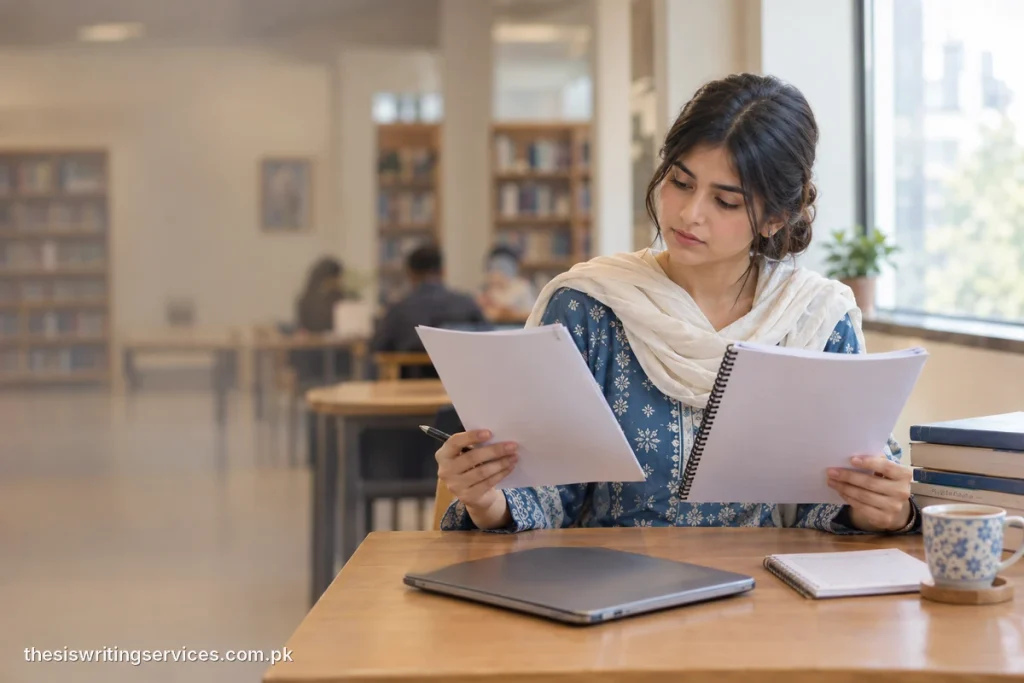 Student at a wooden library desk reading a stapled document and a spiral-bound document with a closed laptop and notebook nearby