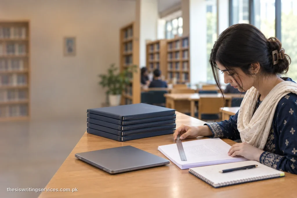 Pakistani student checking the margin of a printed thesis page with a ruler beside a stack of bound thesis copies