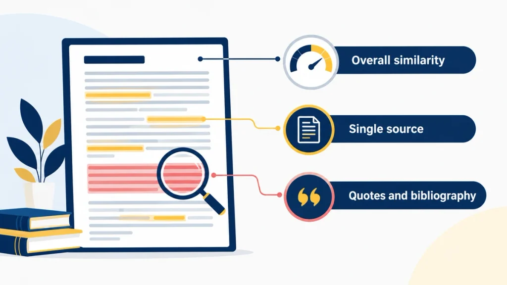 Diagram of a thesis page with highlighted passages, a magnifying glass, and three labels: overall similarity, single source, quotes and bibliography