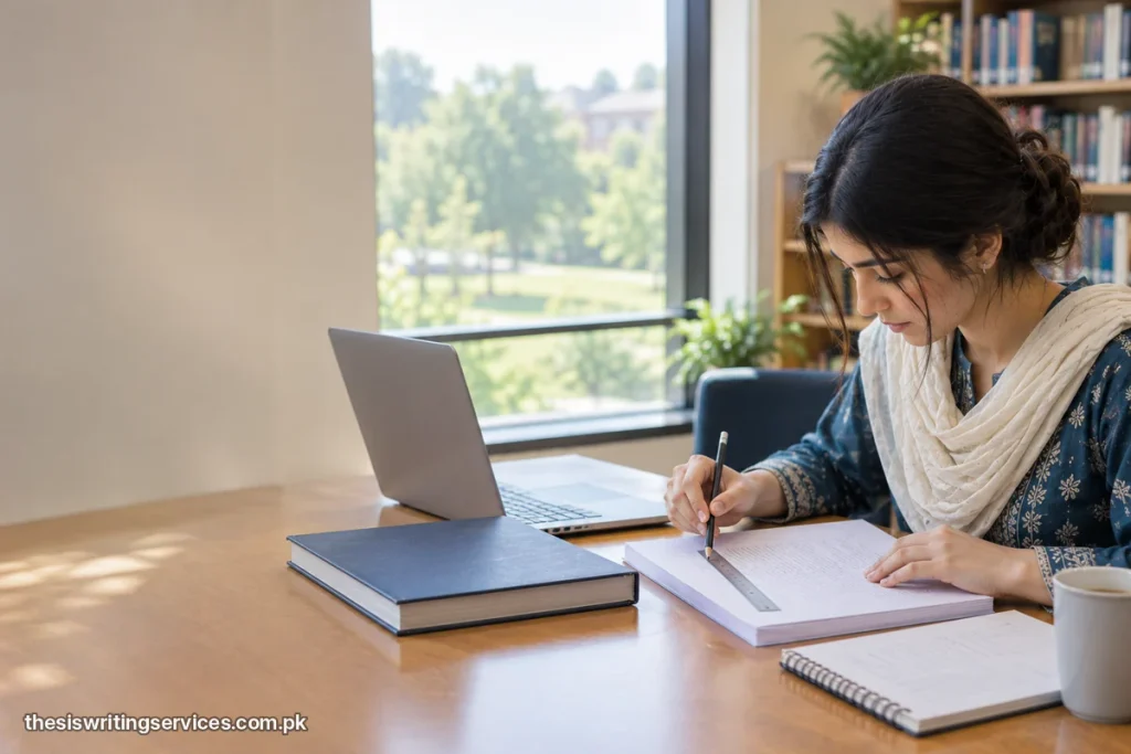 Student using a ruler on a printed thesis page beside a laptop and a bound thesis