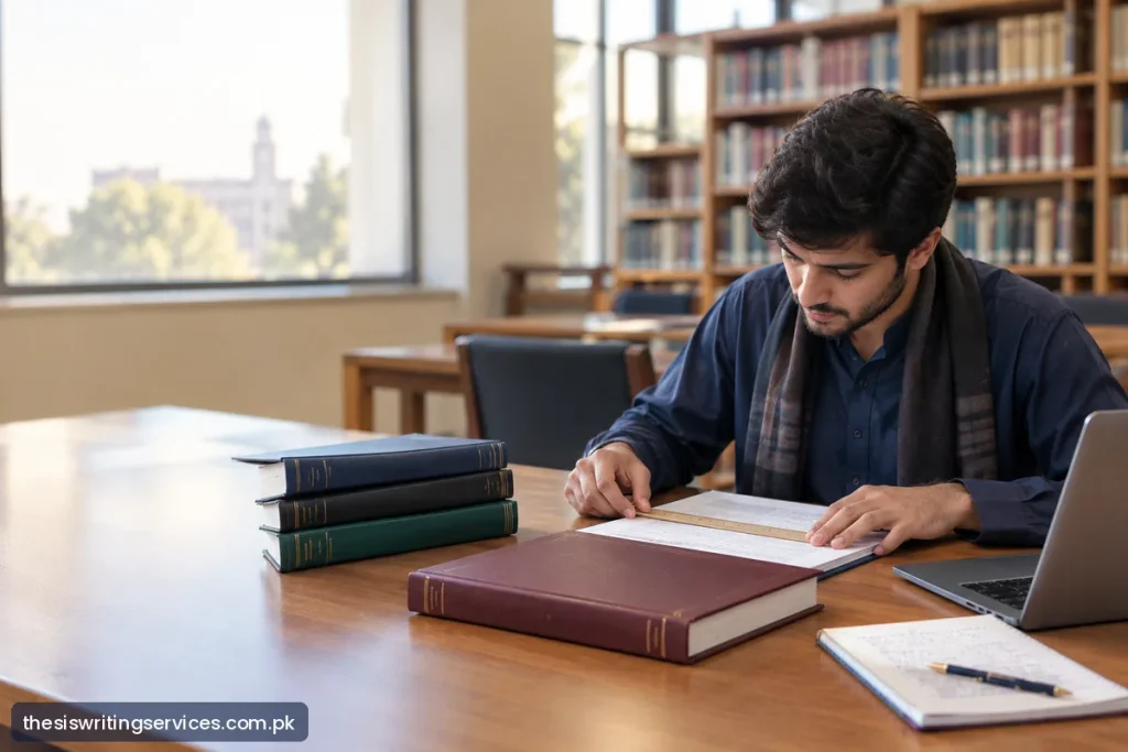 Student measuring the margin of a thesis draft beside stacked bound theses on a library desk