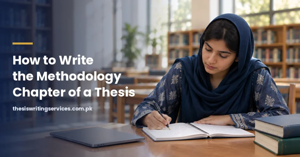 Pakistani postgraduate student writing notes in a university library, thesis methodology chapter guide (AI-Generated)