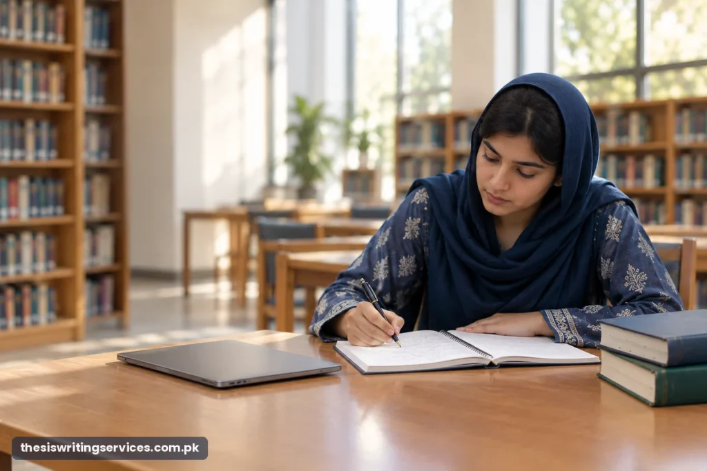 Pakistani postgraduate student writing notes at a library desk while drafting a thesis methodology chapter (AI-Generated)